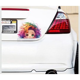 Rainbow Hair Anime Girl Car Decal, Waterproof, Kawaii Peeking Anime Girl Decal, Cute Stickers for Car, Truck, SUV, Accessories for Window, Wall, Mirror, Laptop, Hard Case (Rainbow)
