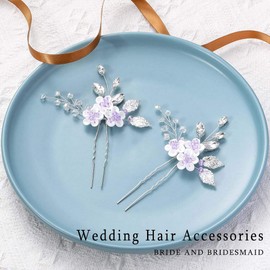 Jeairts Flower Crystal Bridal Hair Pins Rhinestone Wedding Hair Piece Beaded Bridal Hair Clips Leave Headpiece Hair Dress Decorative Hair Accessories for Women and Girls(Pack of 2) (A-Purple)