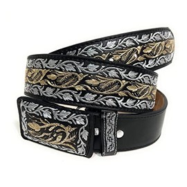 Cinto Charro Bordado Plateado, Men's Embroidered Silver and Gold Western Belt (38)