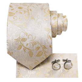 Hi-Tie Silk Paisley Ties for Men Necktie Pocket Square Cufflinks Set Foral Tie Sets Formal Business,Beige
