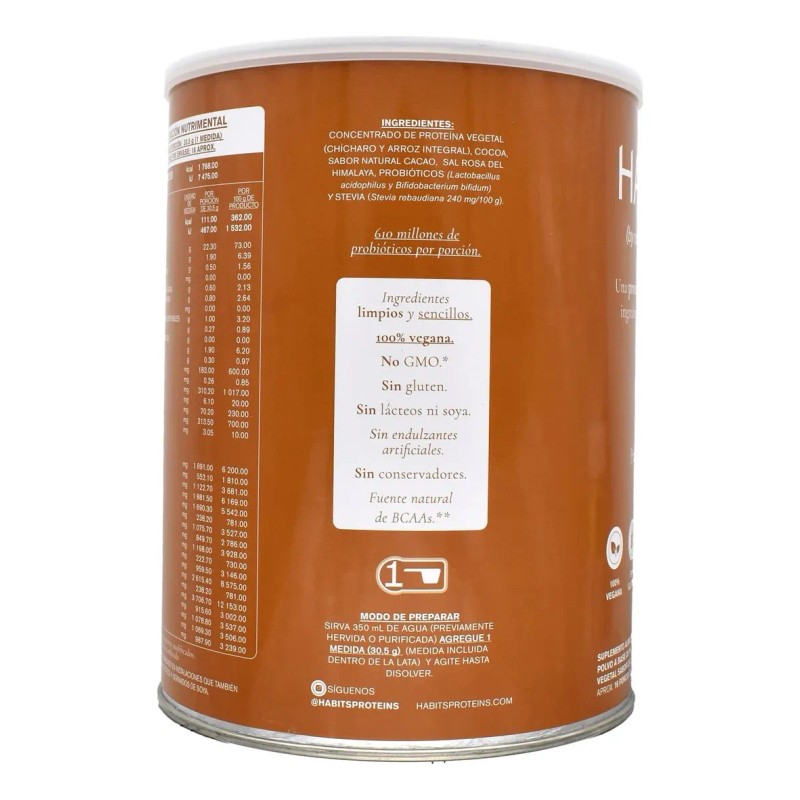 Habits Proteína Vegana 488g Cacao + Probióticos | 16 Serv
