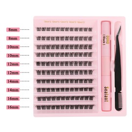 Poiuyoiu Individual Eyelashes, Natural DIY Eyelash Extension Set, D Curl Cluster Lashes Set with Gluing and Sealing Eyelashes, Tweezers, Eyelash Extension, Artificial Mink Eyelashes (Mixed 8-16 mm)