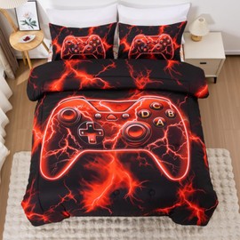 Meeting Story Queen Boys Bedding Set, 3D Game Controller Design Gaming Bed Set, Gamer Comforter in A Bag Soft Lightweight Video Gamepad Bedroom Set(Red)