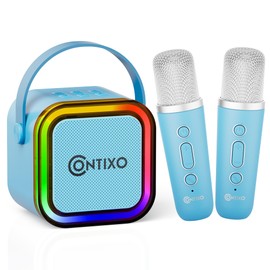 Contixo KS1A Kids Mini Karaoke Machine with LED Lights, 7–10H Playback, Dual Wireless Mics, Magic Voice Effects, Bluetooth Speaker for Children, Portable Singing Toy Gift for Boys & Girls, Blue