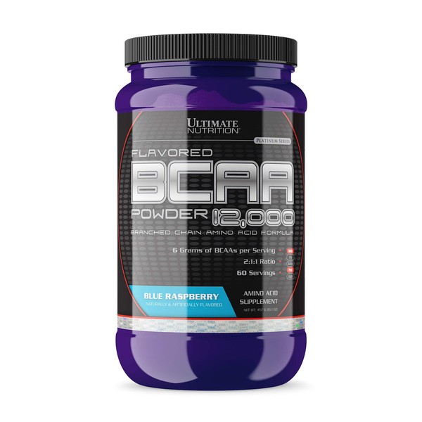 Ultimate Nutrition Flavored BCAA Powder 12000 Branched Chain Post Workout Amino Acid Supplement-Caffeine-Free with 3g Leucine 1.5g Valine 1.5g Isoleucine- Blue Raspberry, 60 Servings