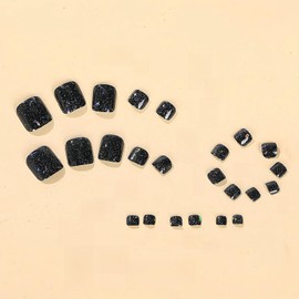 Black Press on Toenails Short Square Fake Toe Nails Laser False Toenails Full Cover Shiny Acrylic Toenails Spring Summer Toe Press on Nails Glossy Glue on Toenails Cute Stick on Toenails for Women