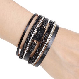 Vercret Leather Wrap Bracelet for Women - Druzy Black Multi-Layer Bracelets with Magnetic Clasp Bangle Cuff Stacked Bracelet for lady and Mother