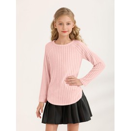 Haloumoning Girls Long Sleeve Shirts Kids Ribbed Knit Curved Hem Tunic Tops Fashion Tees 5-14 Years Light Pink