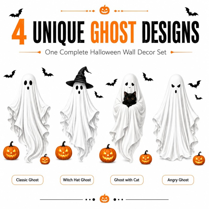 Extra Large Halloween Window Clings, Ghost Witch Hat Pumpkin Decals