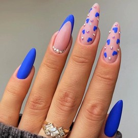 MISUD Press on Nails Almond Medium Fake Nails Matte Glue on Nails Royal Blue French Tip Acrylic Nails Stiletto Artificial Nails Heart Stick on False Nails with Rhinestone Design 24 pcs