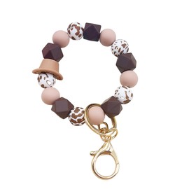 Phamines Silicone Bead Bracelet Keychain for Women, Hat Leopard Silicone Beads Bracelet, Beaded Keyring Wristlet Bracelet Key Holder (Brown)