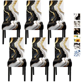 ANNA QUEEN Gold and Black Marble Chair Covers for Dining Room Kitchen Set of 6 – Elegant Stretch Washable Slipcovers for Dining Chairs, Modern Home Decor