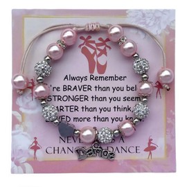 DOLON Dance Charm Bracelet with Pink Glass Beads & White Crystal Rhinestone Balls Hand-Braided,Adjustable Ballet Jewelry Gift with Stainless Steel Heart Charm for Dancers N