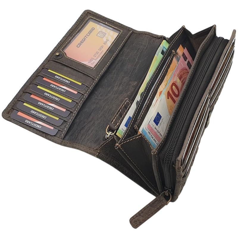 Women's Large Leather Purse with Folding Compartment and Many Card