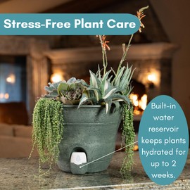 Bernini FirmaStone 15" Self-Watering Planters, Set of 2 – Durable Indoor/Outdoor Pots with Drainage Plug & Built-in Reservoir – Lightweight Garden Planters for Patio, Porch, Balcony (Black)