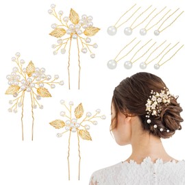 Kiiwah 11 Piece Hair Accessories Wedding Set, Flower Pearls Bridal Hair Accessories, Wedding Hair Pins, U-Shaped Pearls Hair Accessories for Bride, Women, Girls (Gold)