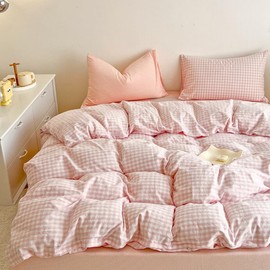 Michorinee Double Duvet Cover Set Pink White Plaid Pattern Country Style Bedding Set with Zipper Closure Aesthetic Cute Soft 110g/㎡ Washed Microfibre Girls Quilt Cover with 2 Pillowcases 50x75 cm