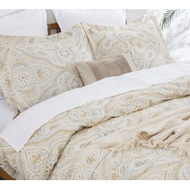 DAUAOTO King Size Duvet Cover Set - 104"X90" Cover + 2 Pillow Shams, Cotton Gold Gray Pattern Bedding Sets, Yellow Grey