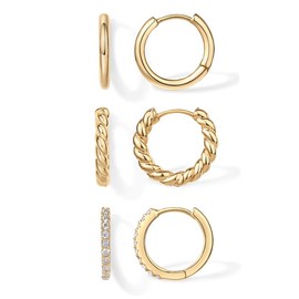 PAVOI 18K Gold Plated 925 Sterling Silver Posts 3 Pairs Small Hoop Earrings Set - Cubic Zirconia Plain Rope Huggie Hoops for Women - Color: White Gold