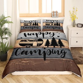 Camp RV Duvet Cover Brown Grey Stripes Vintage Barn Door Bedding Set Western Farmhouse Style Comforter Cover(No Filler) for Boys Girls Kids Room Decor Bedspread Twin Size with 1 Pillowcase