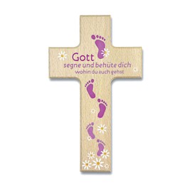 Uljö Children's Wooden Cross "Gott sene und behüte dich" (God Bless and Beware You) Feet Blue (Pink) 9 x 15 cm