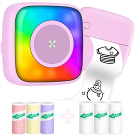 Lebt Mini Printer Sticker Printer Print Pod with 6 Rolls Sticker Paper, Seven Color Lighting Modes for DIY Scrapbook, Travel, Notes, Label, Memo, Compatible with iOS&Android
