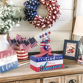 MEETYAMOR Memorial Day Decorations, 4th of July Decorations, God Bless America Wooden Stacked Books Sign with Firework, Patriotic Independence Day Decor for The Home, Tiered Tray, Shelf, Table, Mantel