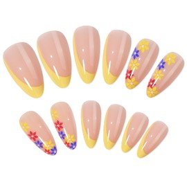 BABALAL Almond Press on Nails Medium Fake Nails Yellow French Acrylic Nails 24Pcs Flower Stiletto Stick on Nails for Women and Girls