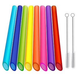 ALINK Pack of 8 Reusable Boba Plastic Straws, Pointed Design, 10.5 Inch Long Coloured Smoothie Straws with 2 Cleaning Brushes