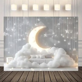 Indoor Boho Newborn Children Golden Glowing Moon Silver Glittering Stars White Clouds Portrait Backdrops Baby Shower Starry Themed Party Decoration (C, 7 * 5feet)
