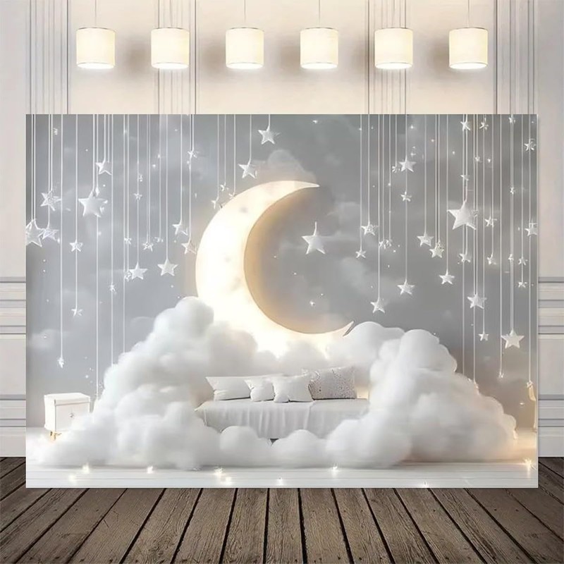 Indoor Boho Newborn Children Golden Glowing Moon Silver Glittering Stars