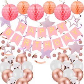 Rose Gold Party Decorations Bunting Set, Happy Birthday Banner with Hanging Swirls Stars, Balloons, Honeycomb Balls, Circle Dots Garland for Women Girls