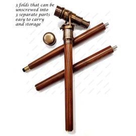 5MOONSUN5's Vintage Brass Handle Victorian Telescope Head Foldable Steampunk Accessories Wooden Walking Stick Cane for Men and Women (Antique Finish)