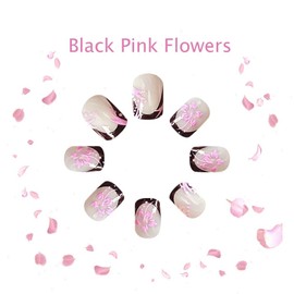 Black French Tip Press on Nails with Designs Short Square Fake Nails Pink Flowers Pattern Summer Glue on Nails Nude Pink Acrylic False Nails Full Cover Short Stick on Nails for Women 24PCS