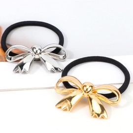 KICOSY 2PCS Gold Silver Bow Hair Ties for Women Cute Hair Ties Bowknot Hair Bands Stretchy Metal Ponytail Holder Hair Accessories