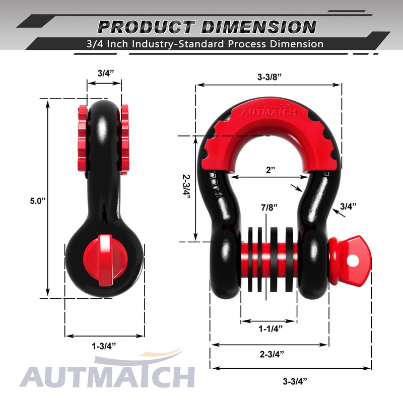 AUTMATCH D Ring Shackle 3/4" Shackles (2 Pack) 41,887Ibs Break