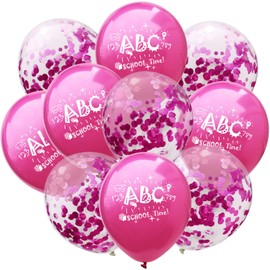 First Day of School Balloons Set, First Day of School for Girls and Boys, 10 Pieces, 30 cm, ABC First Day of School Balloons, Purple and Confetti Design, School Decoration, Decoration for First Day of