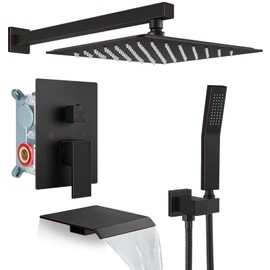 gotonovo 10'' Rain Shower Faucet System Rainfall Shower Head with Handheld Sprayer Waterfall Tub Spout Wall Mounted Mixer Combo Rough-in Valve and Trim Included 5.7 Inch Wide Spout Oil Rubbed Bronze