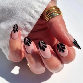 Black Petals French Tip Press on Nails Long Almond Fake Nails Glossy Nude False Nails Reusable Acrylic Artificial Nails Natural Stick on Nails Glue on Nails for Women DIY Manicure Decoration