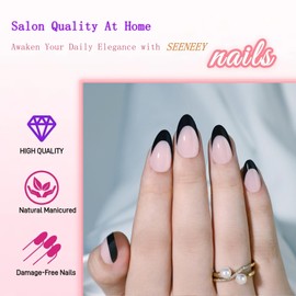 French Tip Press On Nails Almond Short Fake Nails with glue, Soft Gel Black French Tip False Nails Press on Gel Nails, Reusable Stick On Nails in 16 Sizes - Glue On Nails 32 Pcs