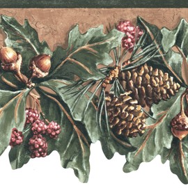 CONCORD WALLCOVERINGS ™ Wallpaper Border Country Pattern Pine Cones Acorns Leaves Berries, Die Cut Edge for Cottage Farmhouse Living Room, Green Beige Burgundy, 15 ft by 7.5 in WL5577B