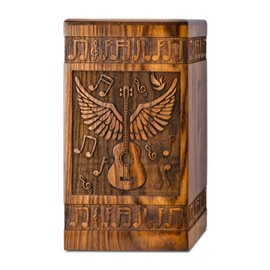 INTAJ Wooden Cremation Urns for Human Ashes Adult Male 180 Cubic Inches - Memorial Urn for Ashes for Women & Men - Angel Wings Guitar Design, Wooden Carved Urn Box, Suitable for Burial & Funeral