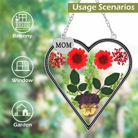 KY&BOSAM KY&BOSAM Heart Suncatcher Mom Gifts Glass Butterfly Suncatchers for Window Hanging with Pressed Flower Between Heart in Glass and Metal Charm Gifts for Mom Mother's Day Valentine's Birthday Christmas