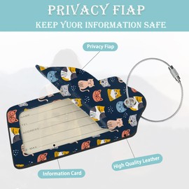 Cute Cat Luggage Tags for Suitcase,2 Pack Luggage Tag Animal Prints Leather Privacy Cover ID Label with Stainless Steel Loop for Women Men Kids Girls Travel
