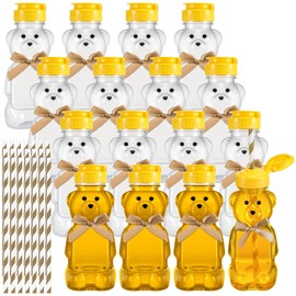 Honeydak 16 Pack Bear Straw Honey Cup for Baby 8 oz Bear Drinking Honey Bottles Empty Plastic Squeeze Bottles with Flip Top Lid Bow Jar Containers for Baby Shower Birthday Party Decoration(Brown)