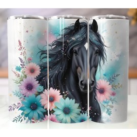 Handmade 20oz Black Horse Floral Watercolor Tumbler | Stainless Steel Insulated Cup