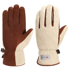 Harssidanzar Winter Genuine Suede Gloves Women's Warm Fleece Thinsulate Lined Outdoor Skiing Leather Gloves SL021EU, Beige/Light Brown, Size L