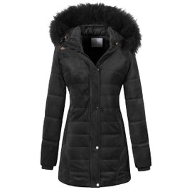 Chrisuno Womens Warm Winter Lightweight Puffer Jacket Fleece Lined Parkas Long Coats L Black