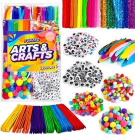 FUNZBO 1200pcs+ Arts & Crafts Supplies for Kids- Craft Kits with Pipe Cleaners, Pom Poms for Crafts, Popsicle Sticks for Craft, Craft for Kids Ages 4-8 Girls & Boys Birathday Gifts