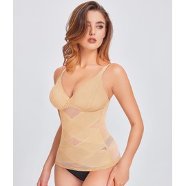 QACIVIQ Body Shaper for Women Tummy Control Shapewear Compression Tanks Cami Tops V-Neck Camisoles with Built in Bra (Beige, Medium)